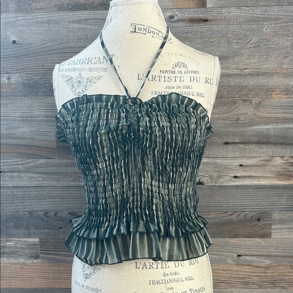 Moon River NWT Green Striped Smocked Ruffle Halter Top